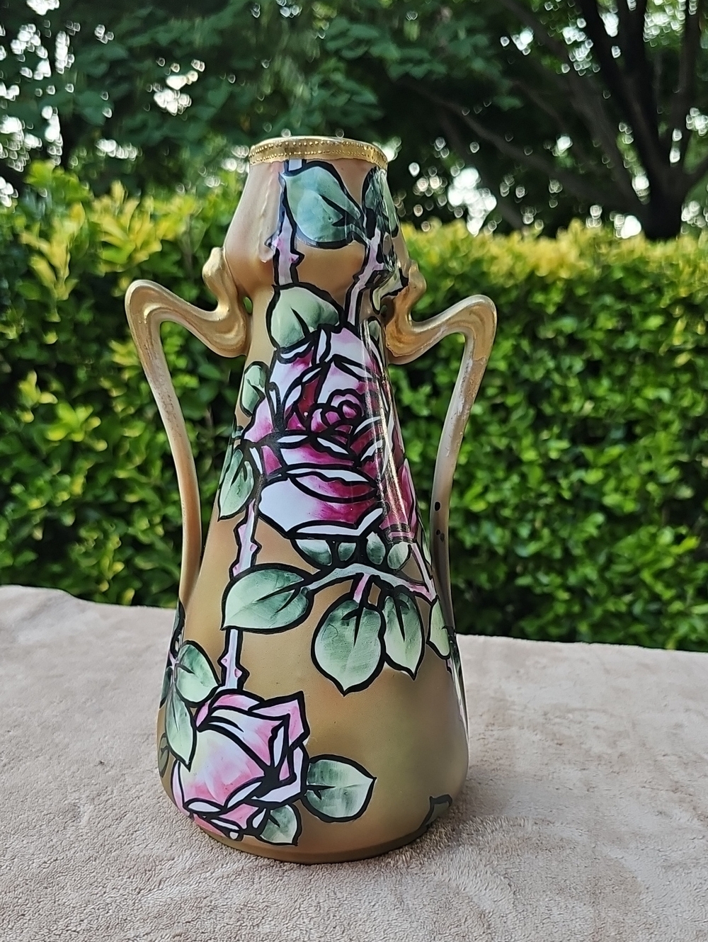 Nippon - Art Nouveau-Style Gold Floral Ceramic Vase with Pink Roses